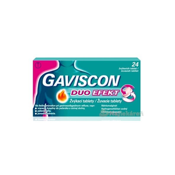 GAVISCON DUO EFEKT žuvacie tablety na liečbu príznakov súvisiacich so žalúdočnou kyselinou, tbl 24ks