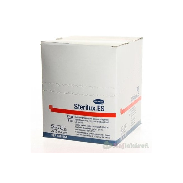 STERILUX ES kompres sterilný,so založenými okrajmi (7,5cmx7,5cm) 25x2 (50ks)