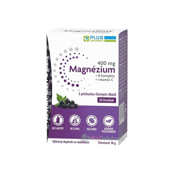 PLUS LEKÁREŇ Magnézium 400mg+B komplex+vitamín C s príchuťou čiernych ríbezlí 20 vrecúšok