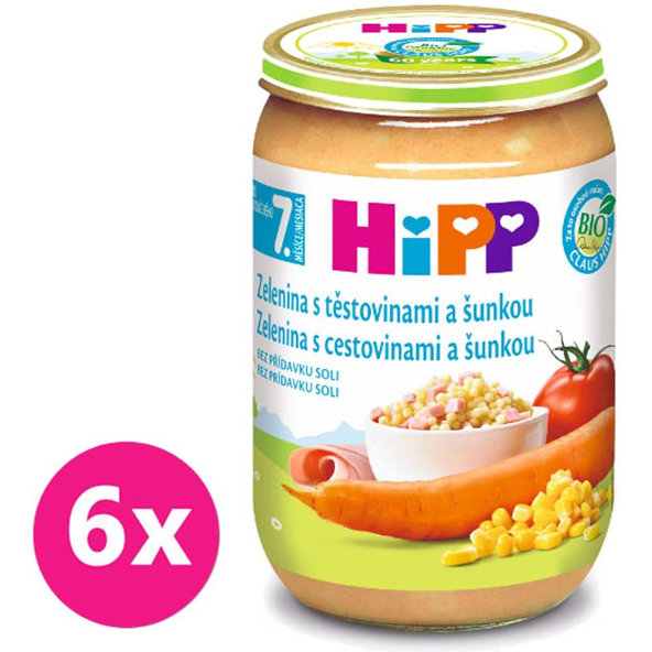 6x HiPP BIO zelenina s těstovinami a šunkou (220 g) - maso-zeleninový příkrm