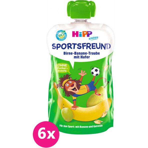 6x HiPP HiPPiS BIO Sport Hruška-Banán-Bílé hrozno-Oves 120 g – ovocný příkrm