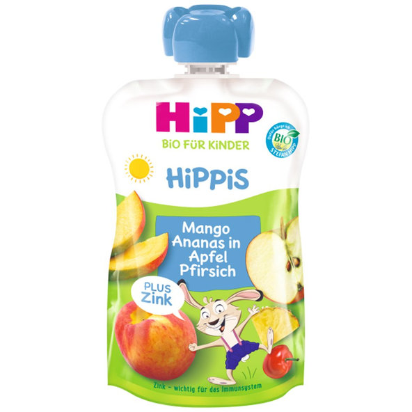 HiPP BIO HiPPis Jablko-Broskyňa-Mango-Ananás + zinok 100 g, od 1 roka
