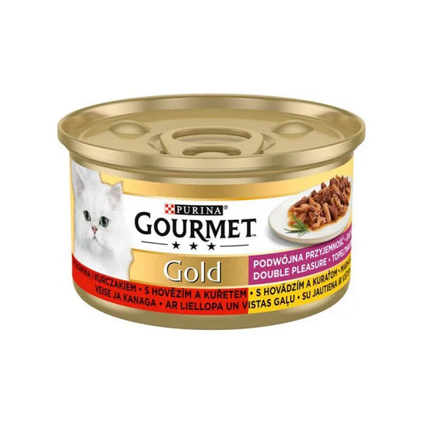 GOURMET GOLD cat hovädzie & kura kúsky šťava konzervy pre mačky 12x85g