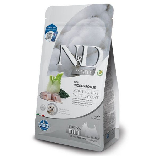 Farmina N&D dog WHITE (GF) adult mini, sea bass, spirulina & fenel granule pre psy 2kg