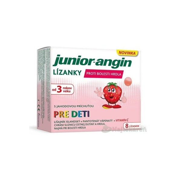 Junior-angin lízanky pre deti s jahodovou príchuťou na bolesť hrdla 8 ks
