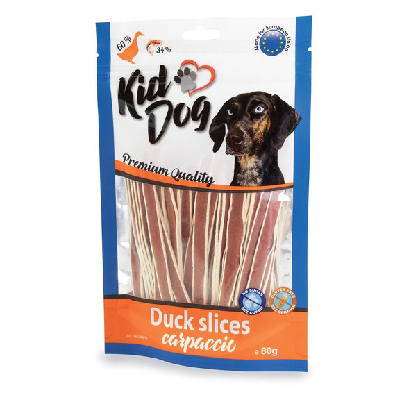 Maškrta pre psy KID DOG Kačacie prúžky carpaccio 80g