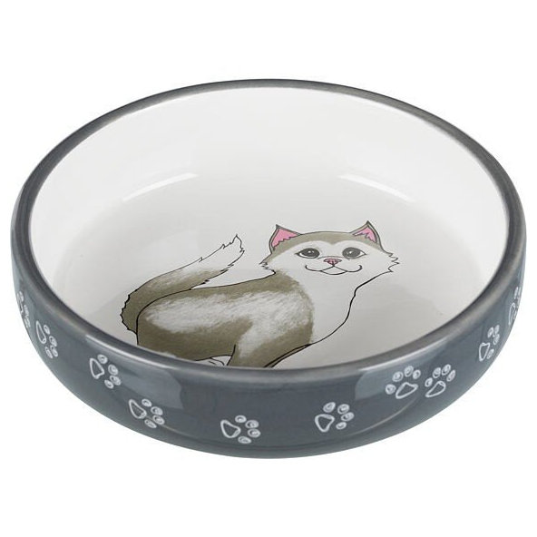 Trixie Bowl, flat, cat/paws, ceramic, 0.3 l/ř 15 cm, grey/white