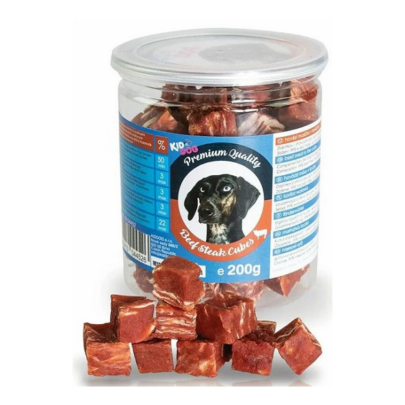 Maškrta KID DOG Hovädzie mäsko v kockách pre psy 200g DÓZA - PREMIUM QUALITY