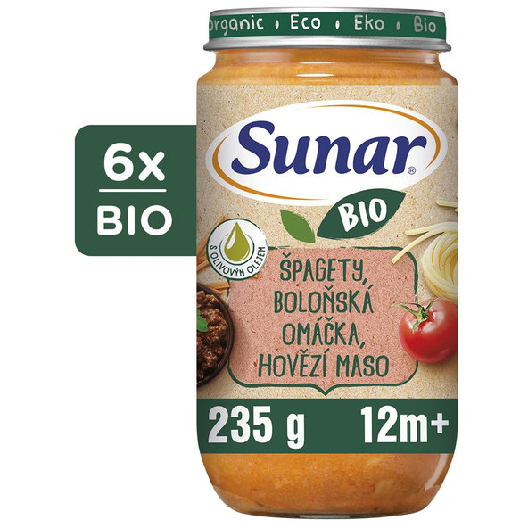 SUNAR BIO Príkrm špagety, bolonská omáčka, hovädzie mäso 12m+, 6x235g