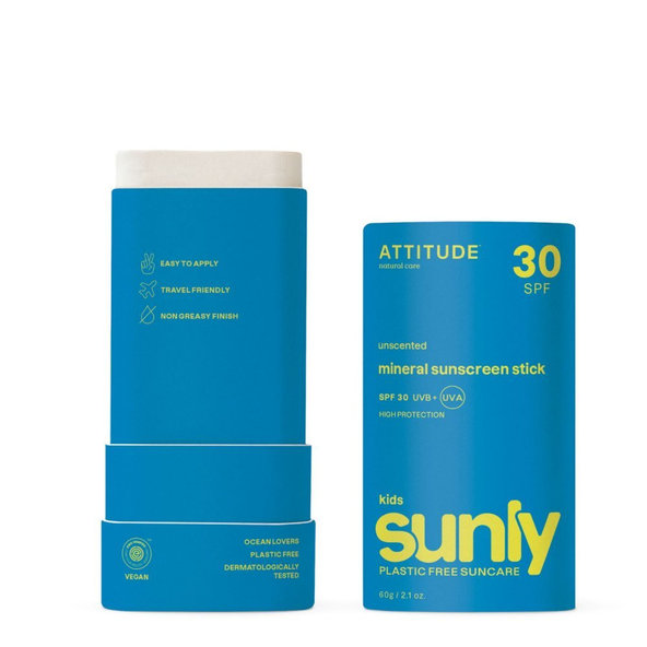 Detská 100% minerálna ochranná tyčinka na tvár a pery od značky ATTITUDE (SPF 30) bez vône, 60g