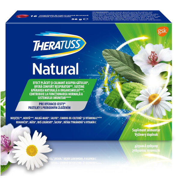 THERATUSS Natural malinové pastilky na suchý kašeľ 16 ks