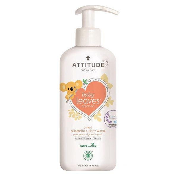 ATTITUDE Detské telové mydlo a šampón 2v1 Baby leaves s vôňou hruškovej šťavy 473 ml