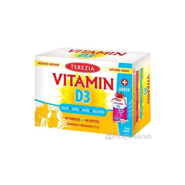 TEREZIA VITAMÍN D3 1000 IU 90 ks + darček kvapky Vitamín D3 BABY 400 IU 10 ml