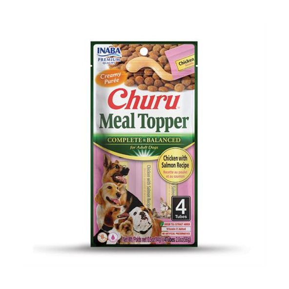 Maškrta pre psy Inaba Churu Meal Topper dog Kura s lososom 4 tuby 56g